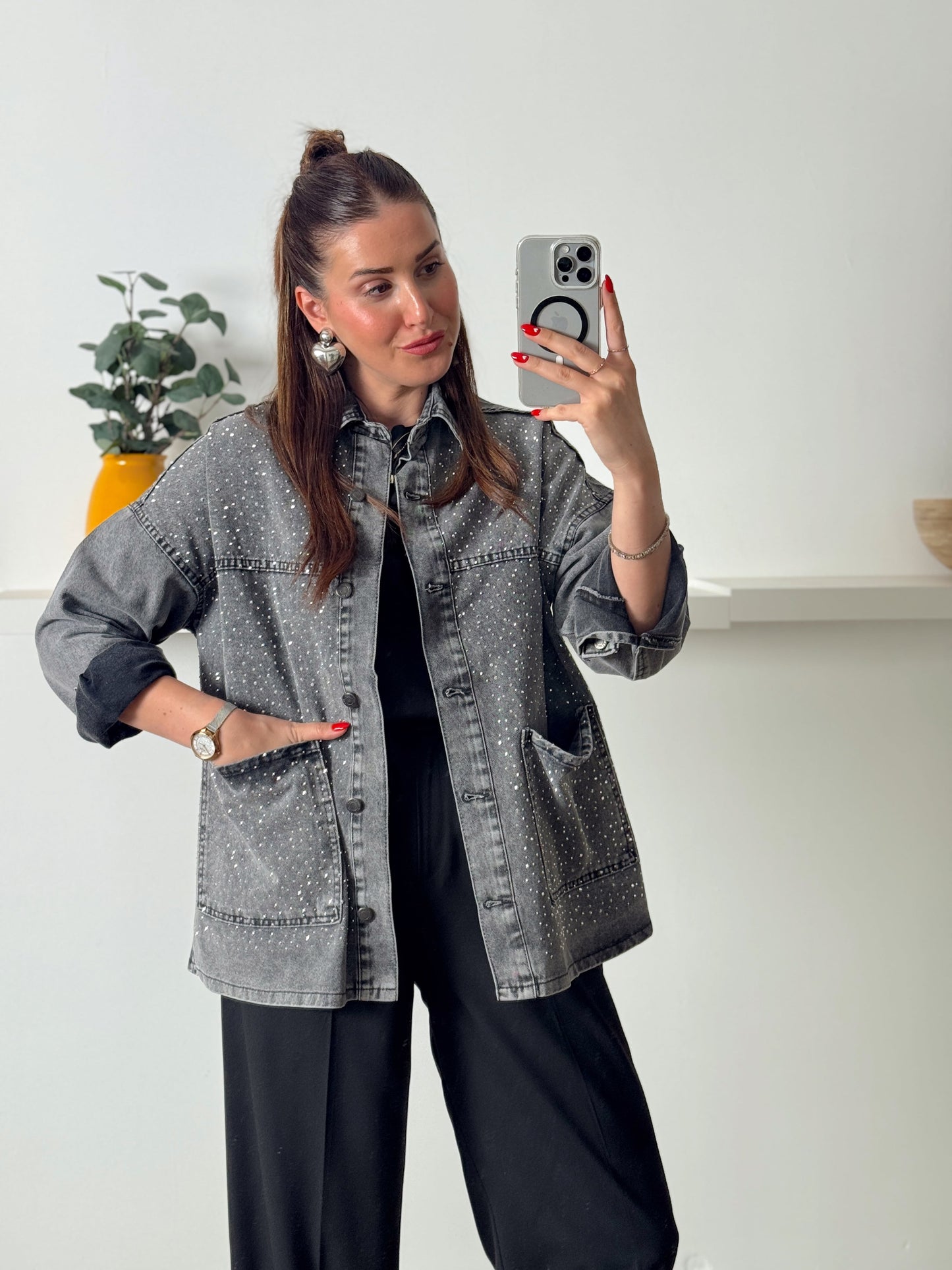 Cepli Taşlı oversize jean ceket Füme