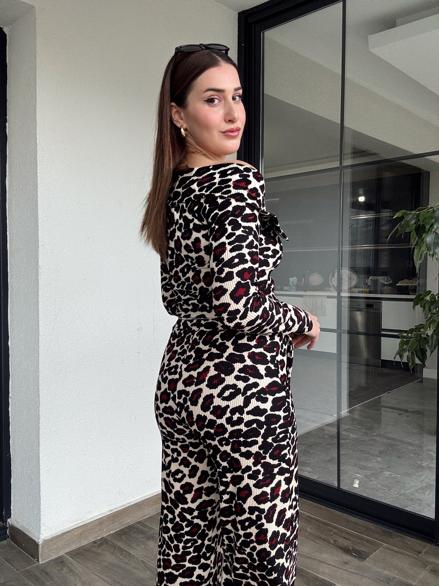 Leopar Desenli Ottoman Pantolon BORDO