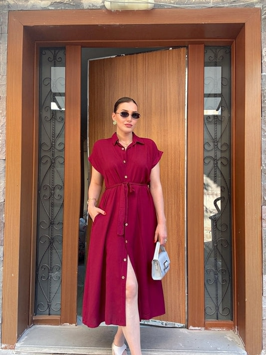 Polo yaka kemerli düğmeli viskon elbise MÜRDÜM
