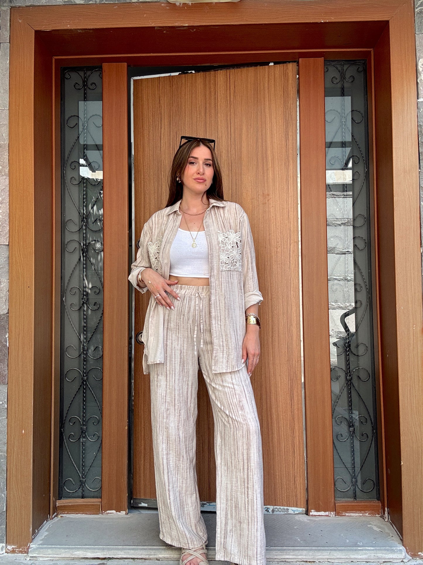 Çiçek cep detaylı retro takım TAŞ