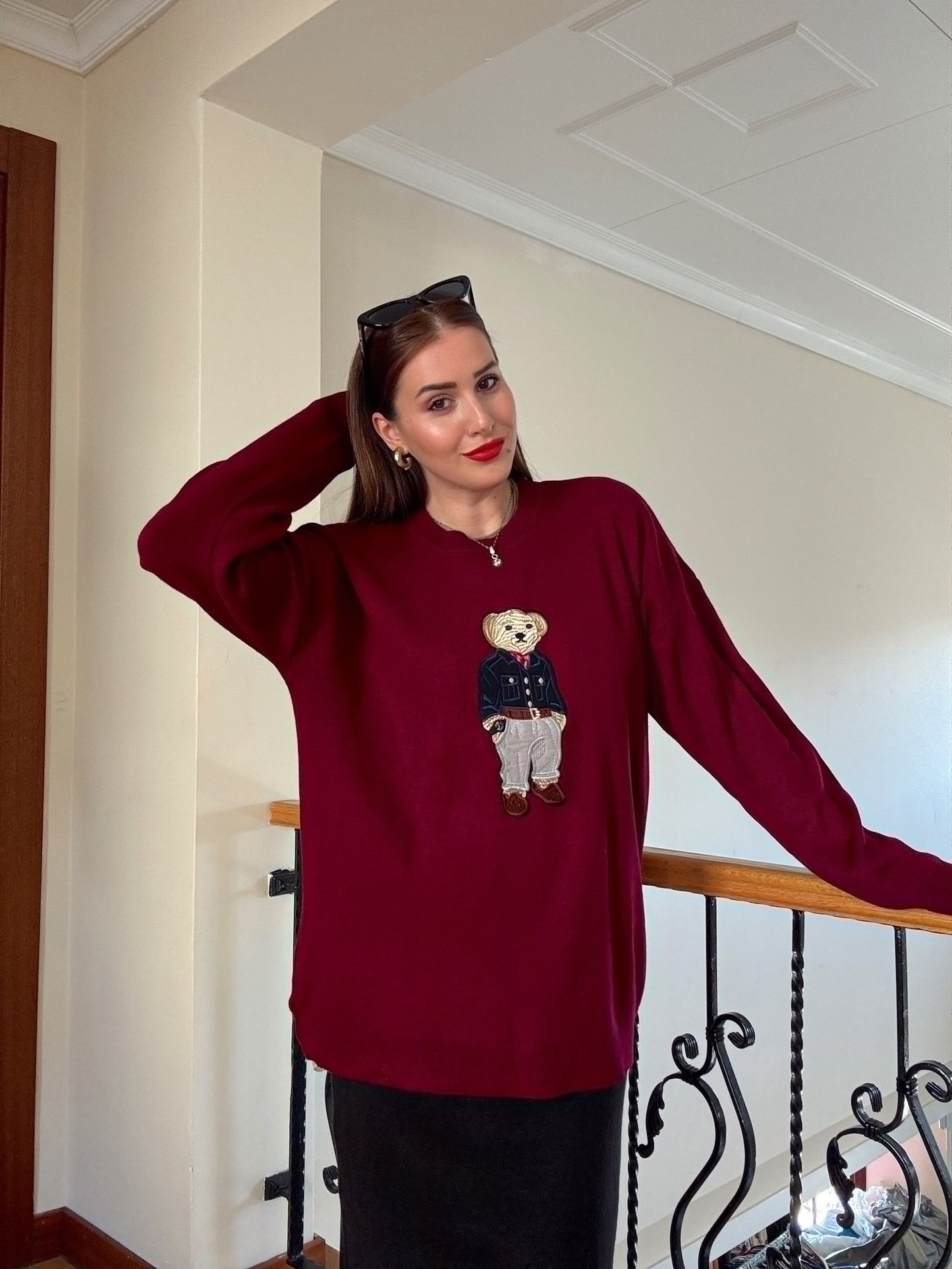 Oversize Ayıcık İşlemeli Kazak BORDO