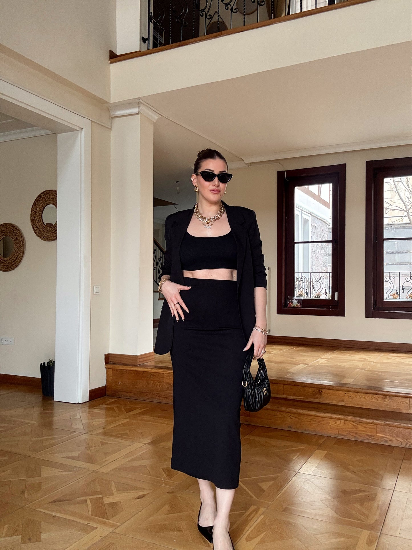 Dalgıç kumaş kalem Etek-SİYAH