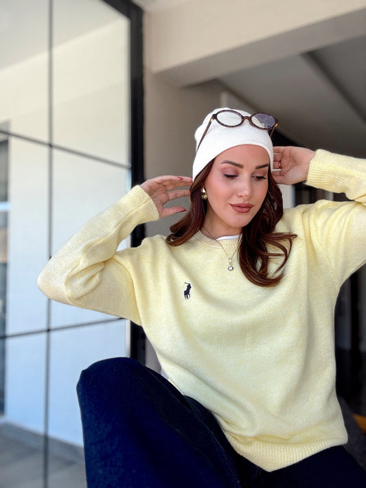 Nakışlı Oversize Triko Kazak Sarı