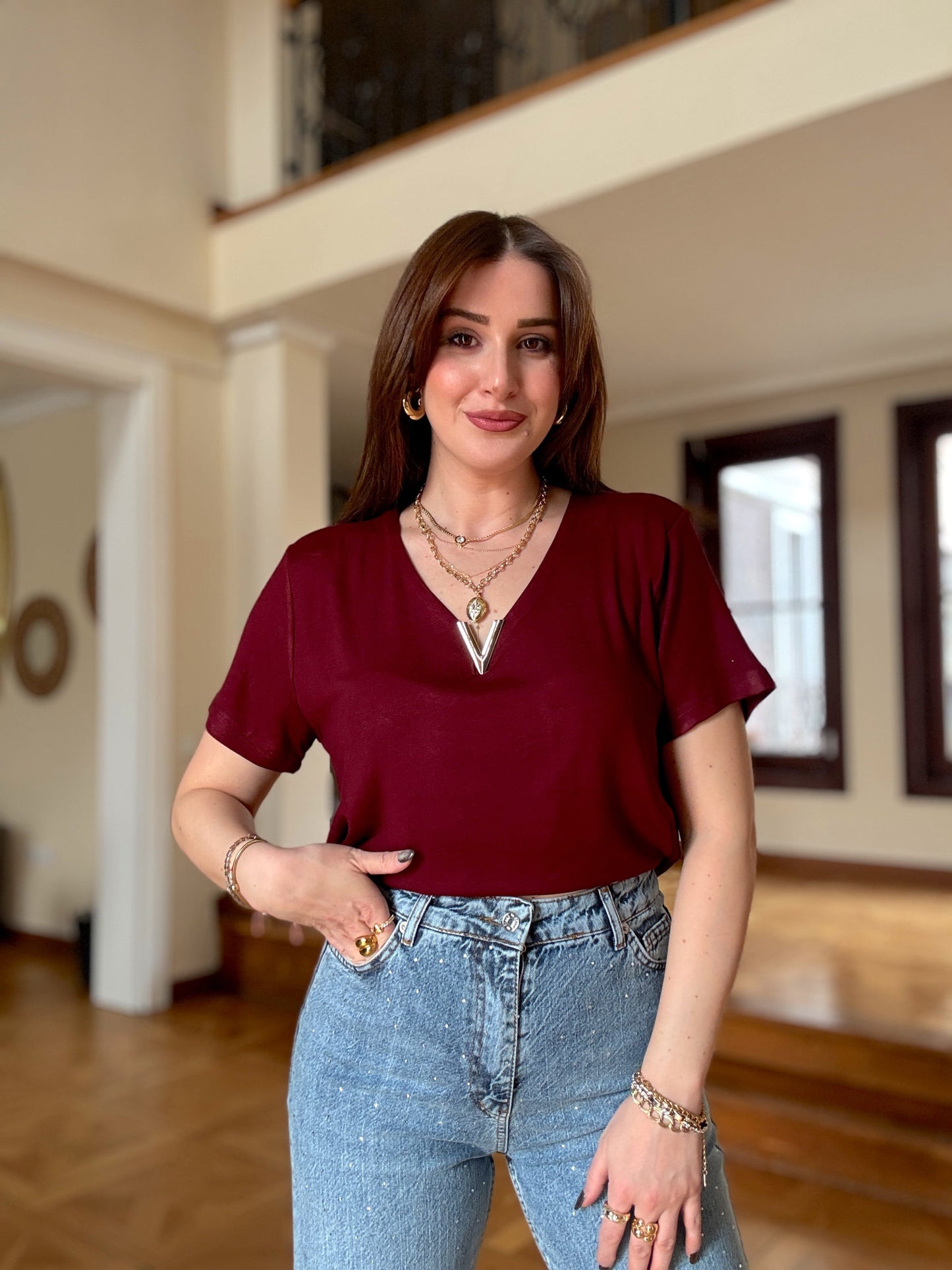 Modal Aksesuarlı Bluz Bordo