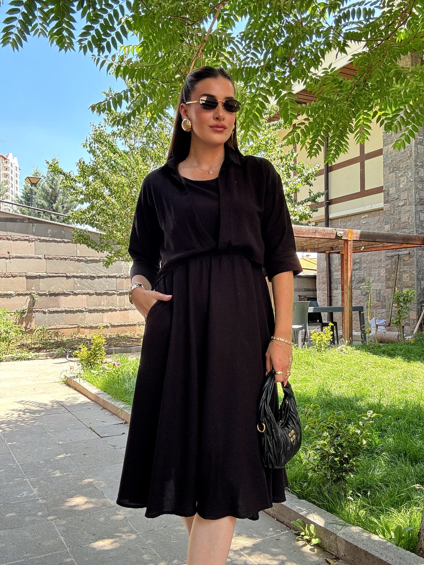 Gömlekli keten elbise Siyah