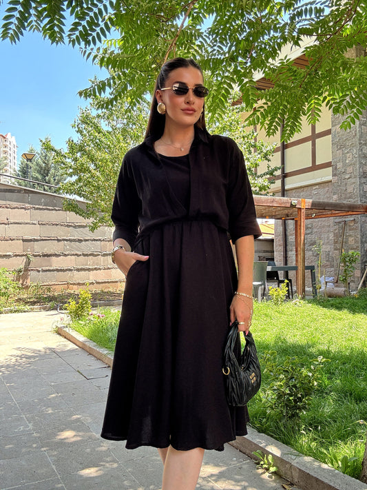 Gömlekli keten elbise Siyah