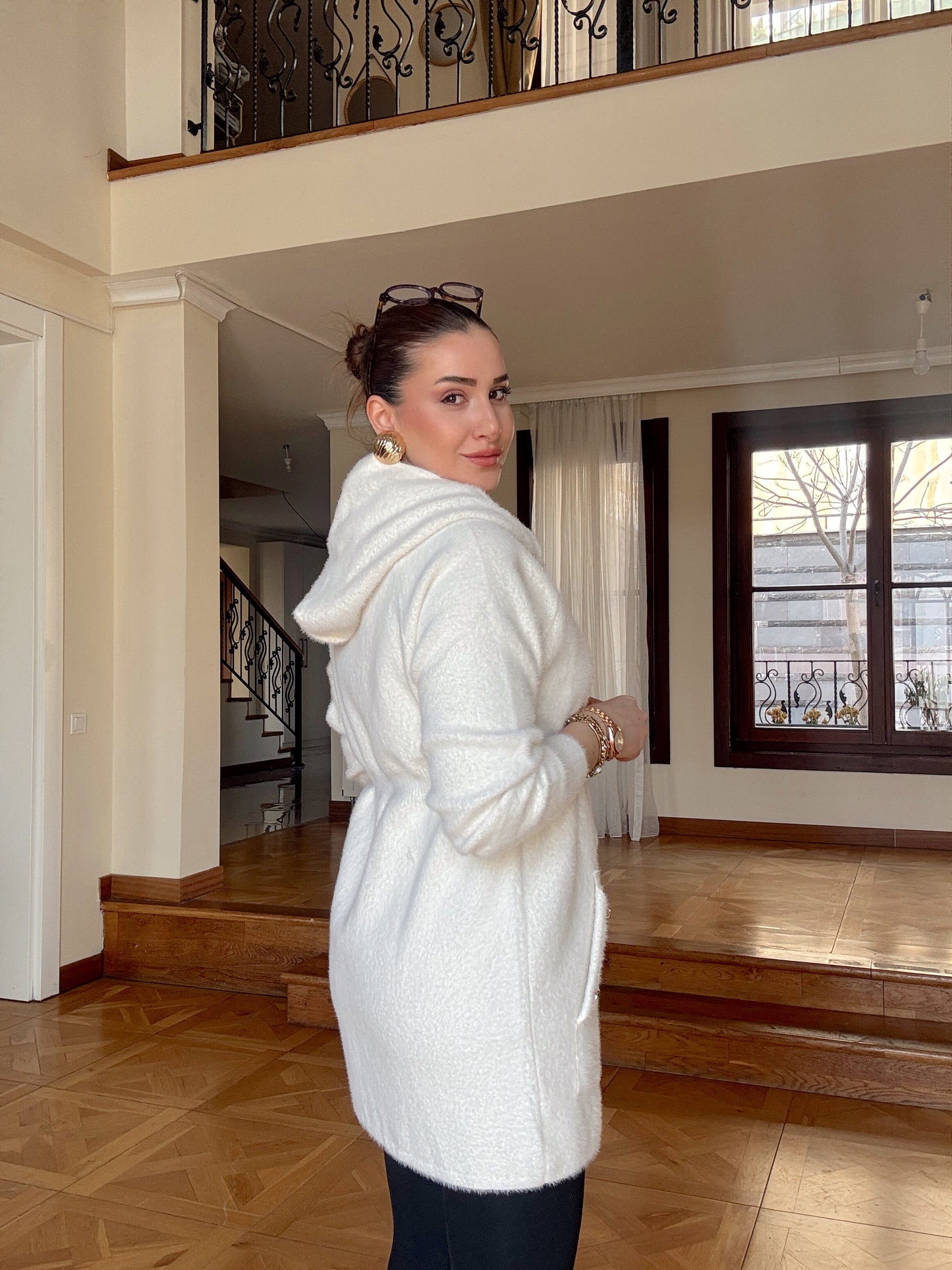 Fermuarlı kapşonlu sakal kumaş hırka-EKRU