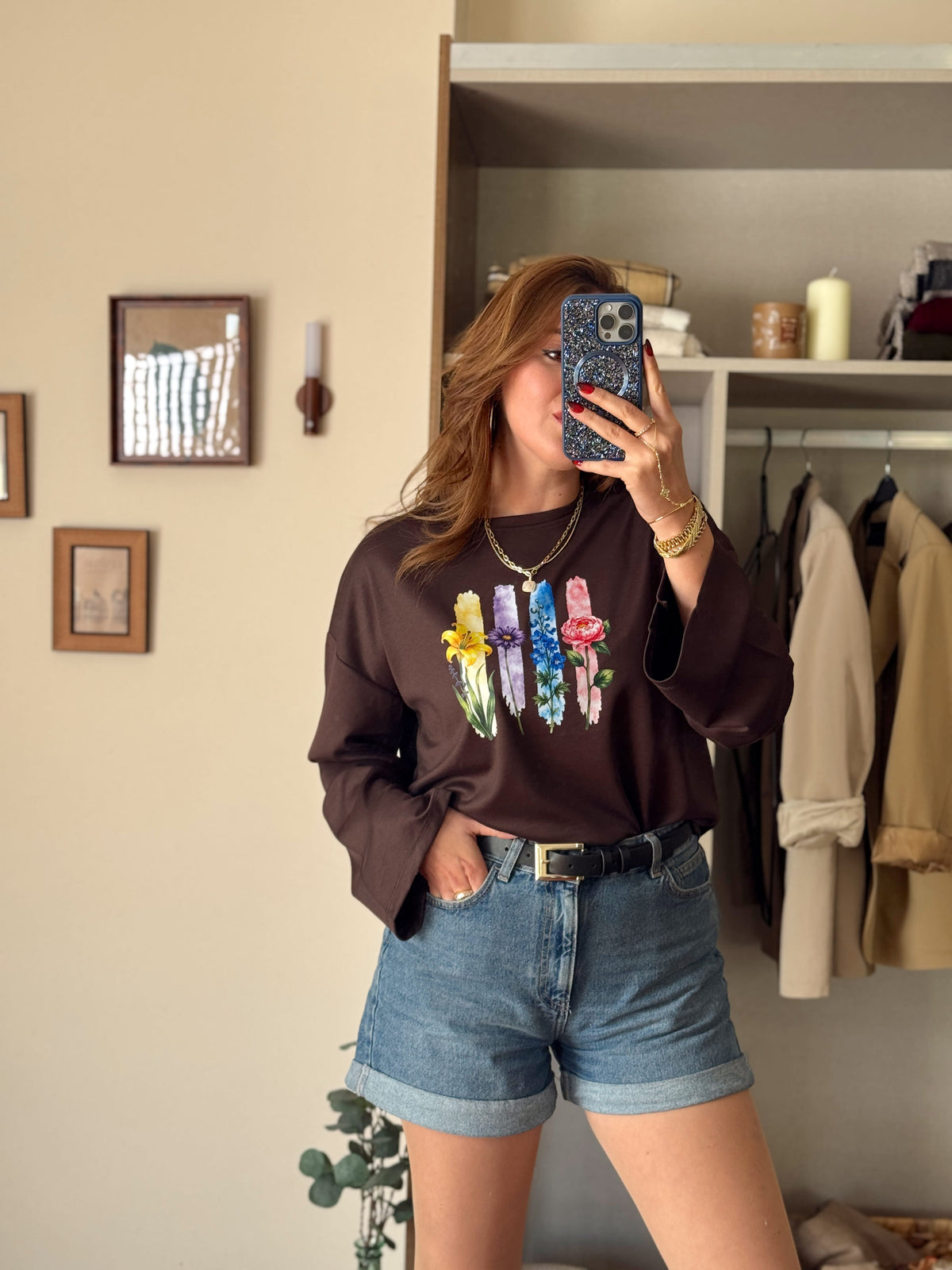Çiçek desenli modal sweat Kahve