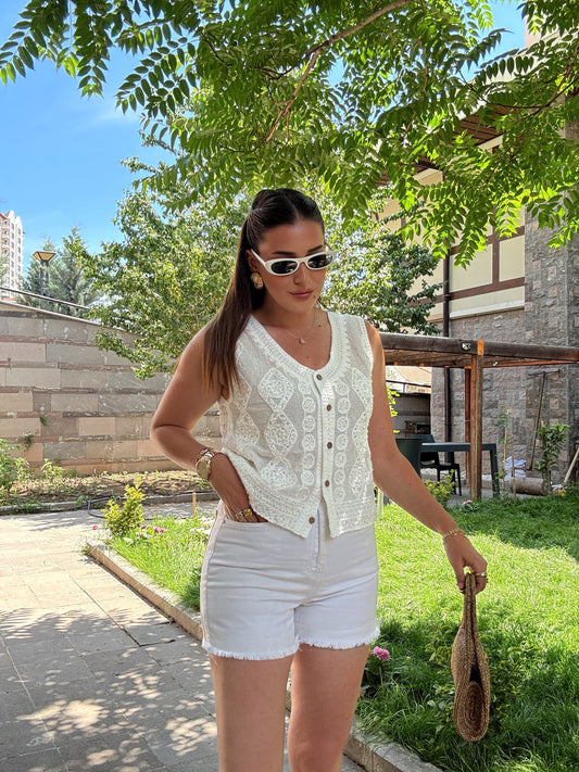 Taş işleme örgü yelek Ekru