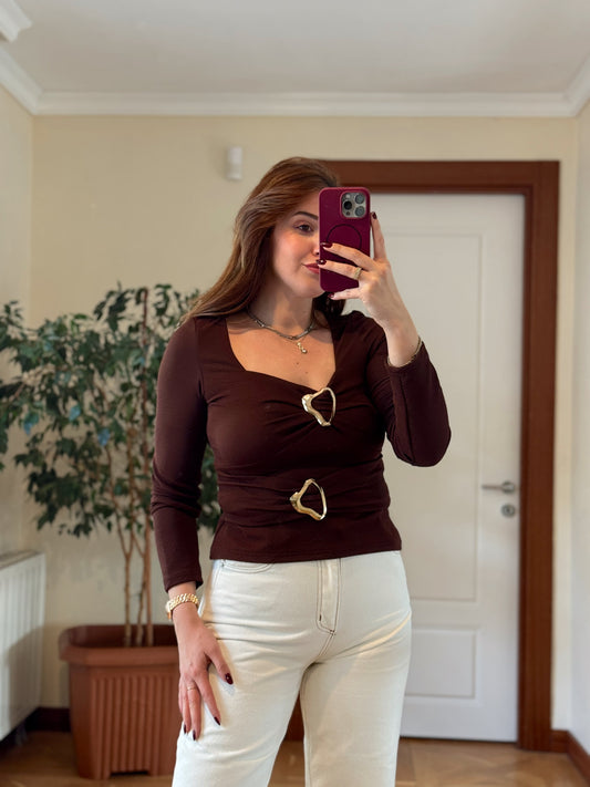 Çift tokalı bluz-KAHVERENGİ