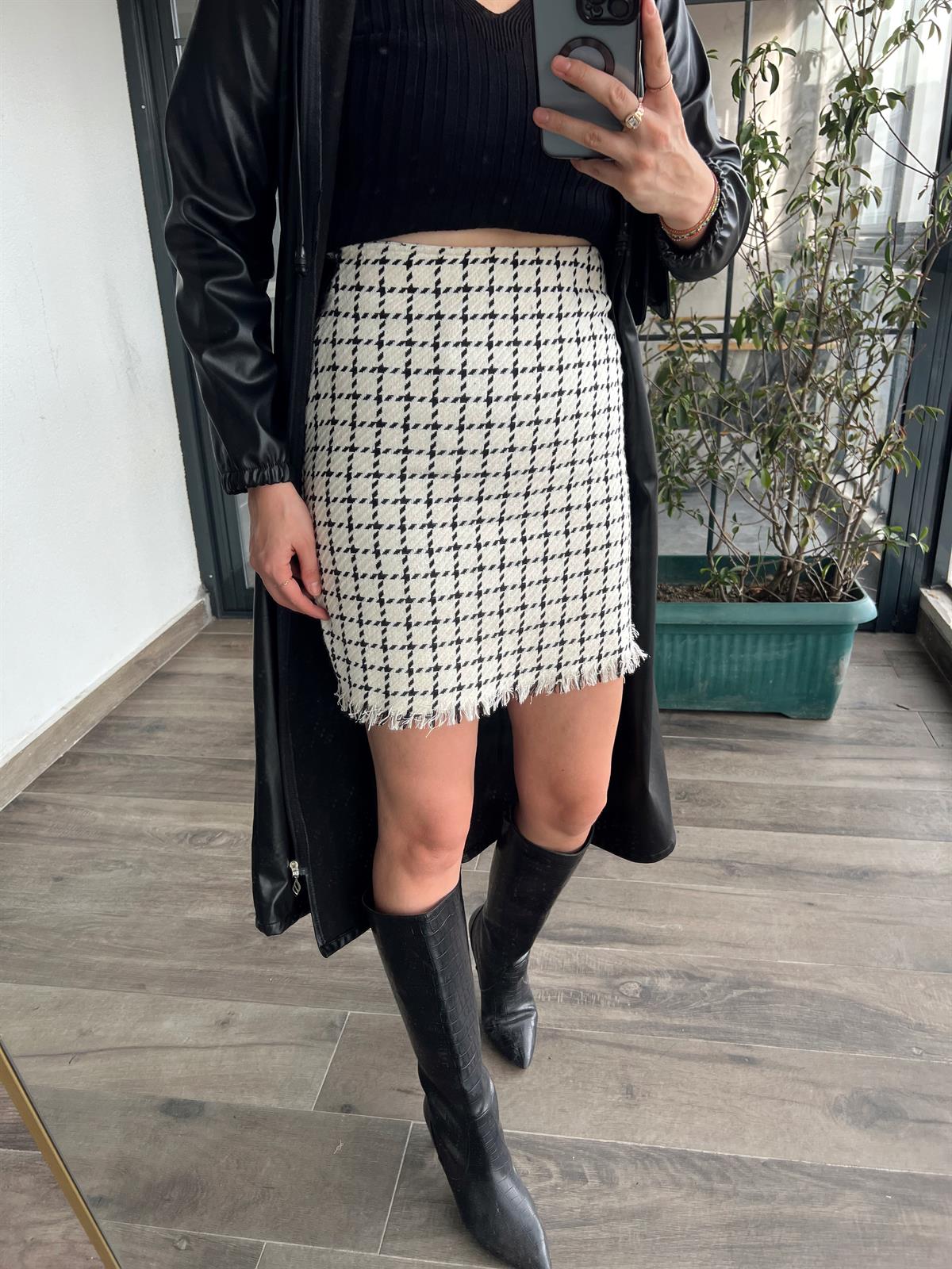 Ekose dar etek BEYAZ