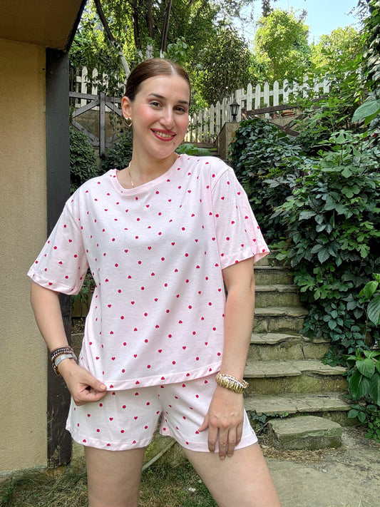 Desenli Şortlu Pijama Takımı PEMBE KIRMIZI