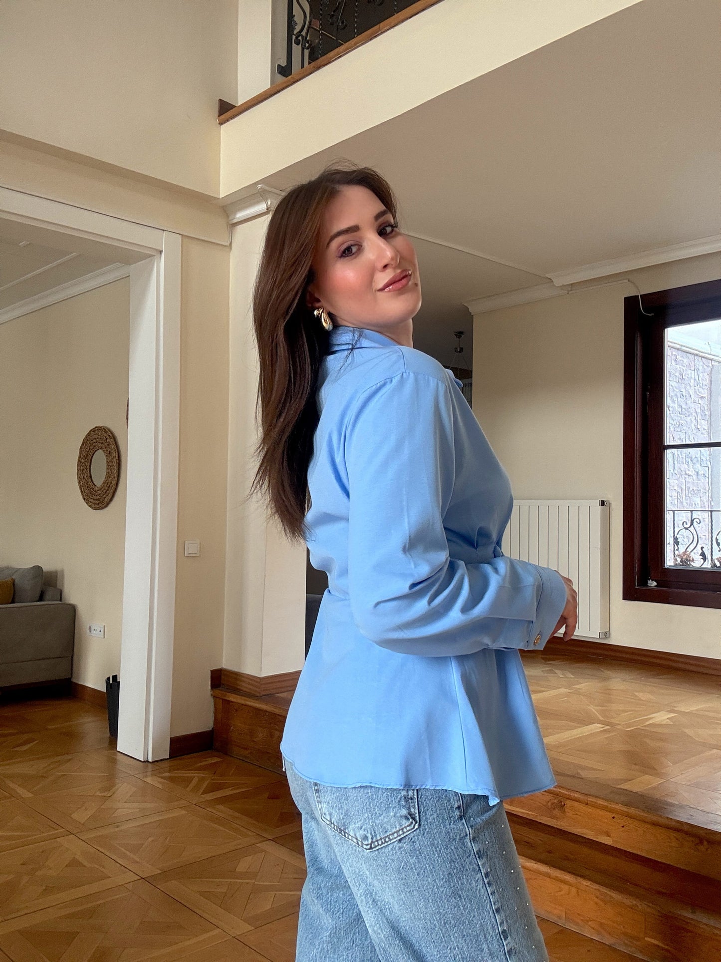 Önü tokalı gömlek-Mavi