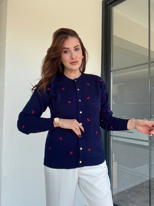 Kurdele nakış işlemeli hırka LACİVERT