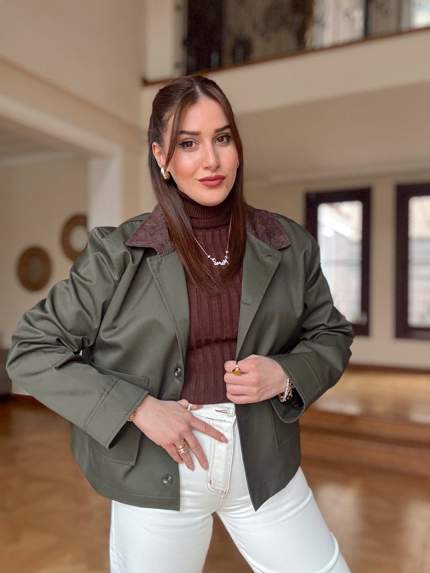 Garnili kısa trench Yeşil