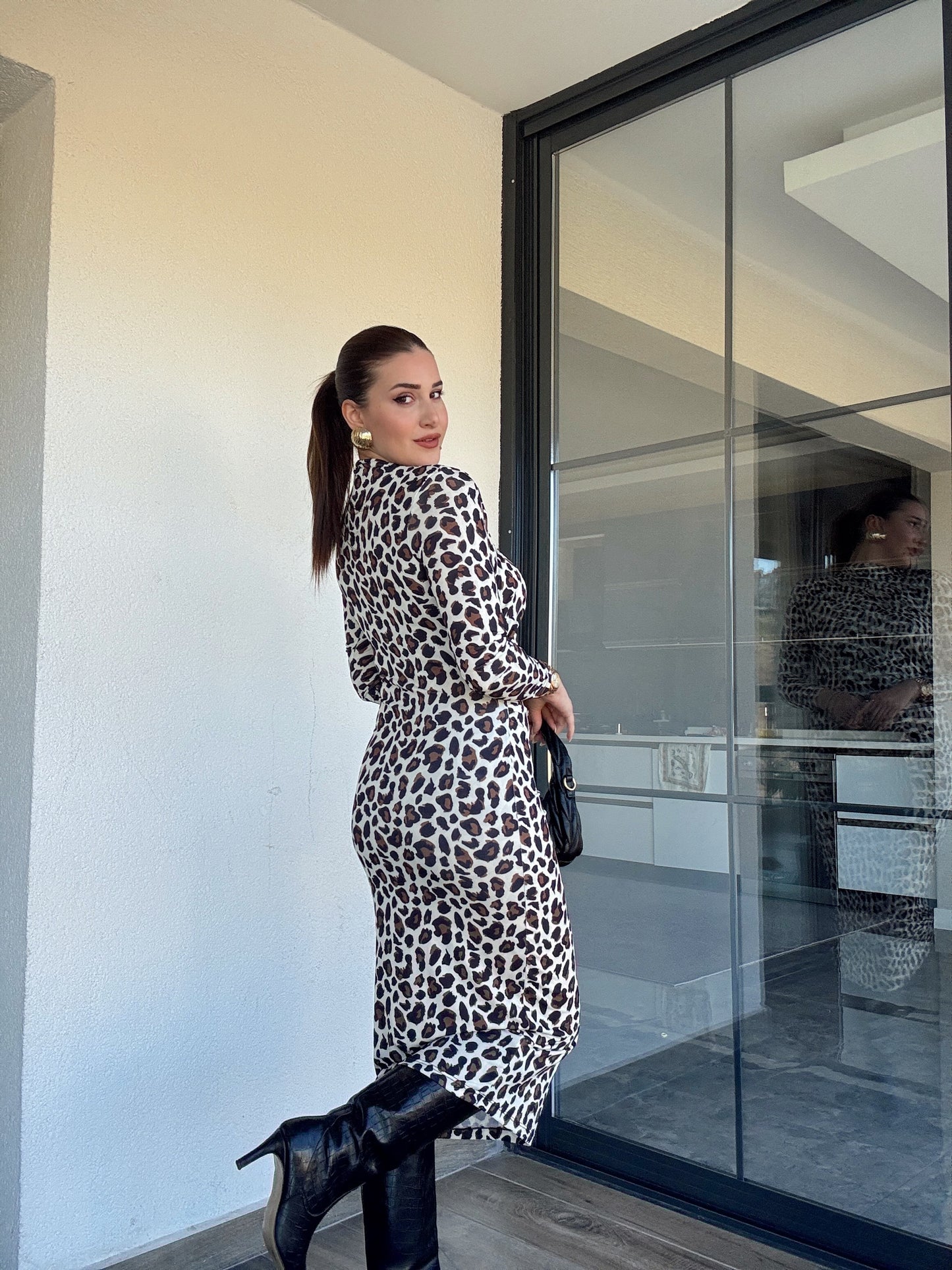 Sandy kumaş drape detaylı leopar elbise-BEJ