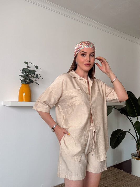 LİCARDİ keten şortlu gömlekli takım TAŞ