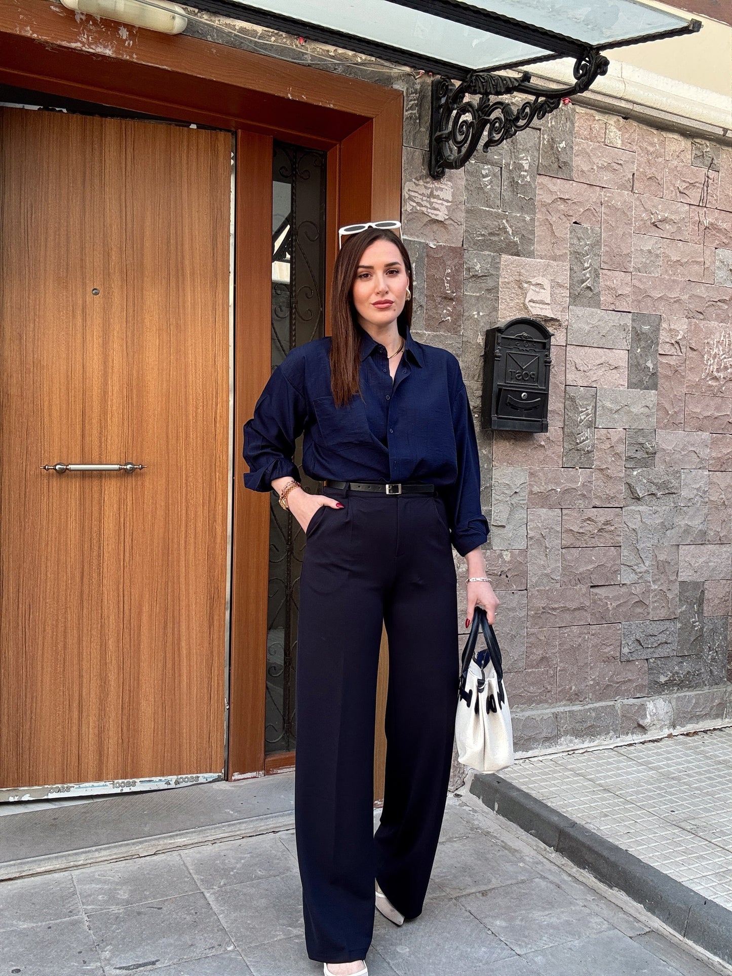 Kemerli likralı palazzo pantolon LACİVERT