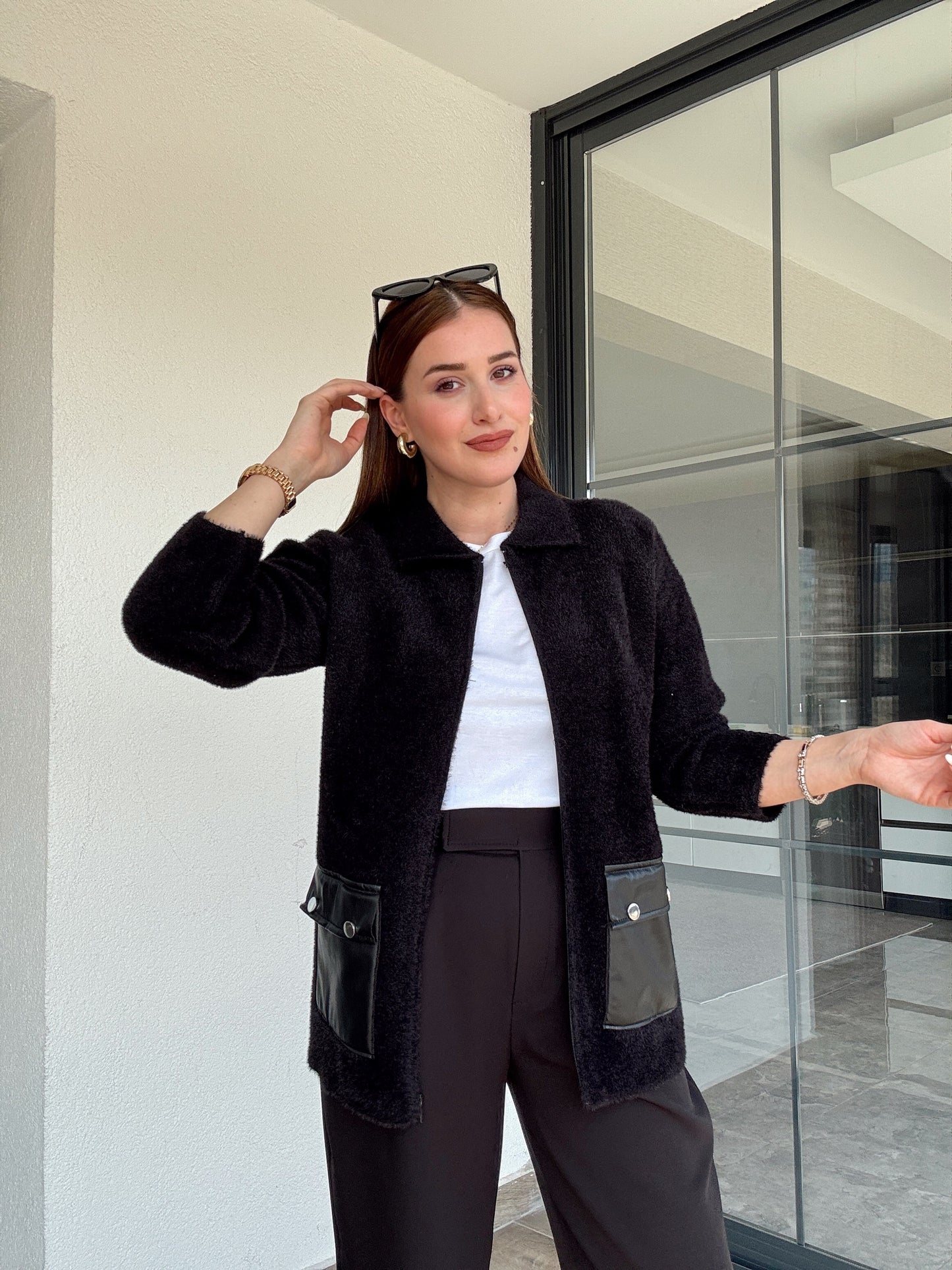 Liliyana deri cepli fermuarlı hırka-SİYAH