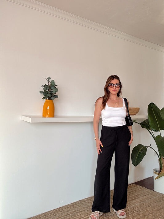 Bel lastik detaylı bol paça keten pantolon -SİYAH