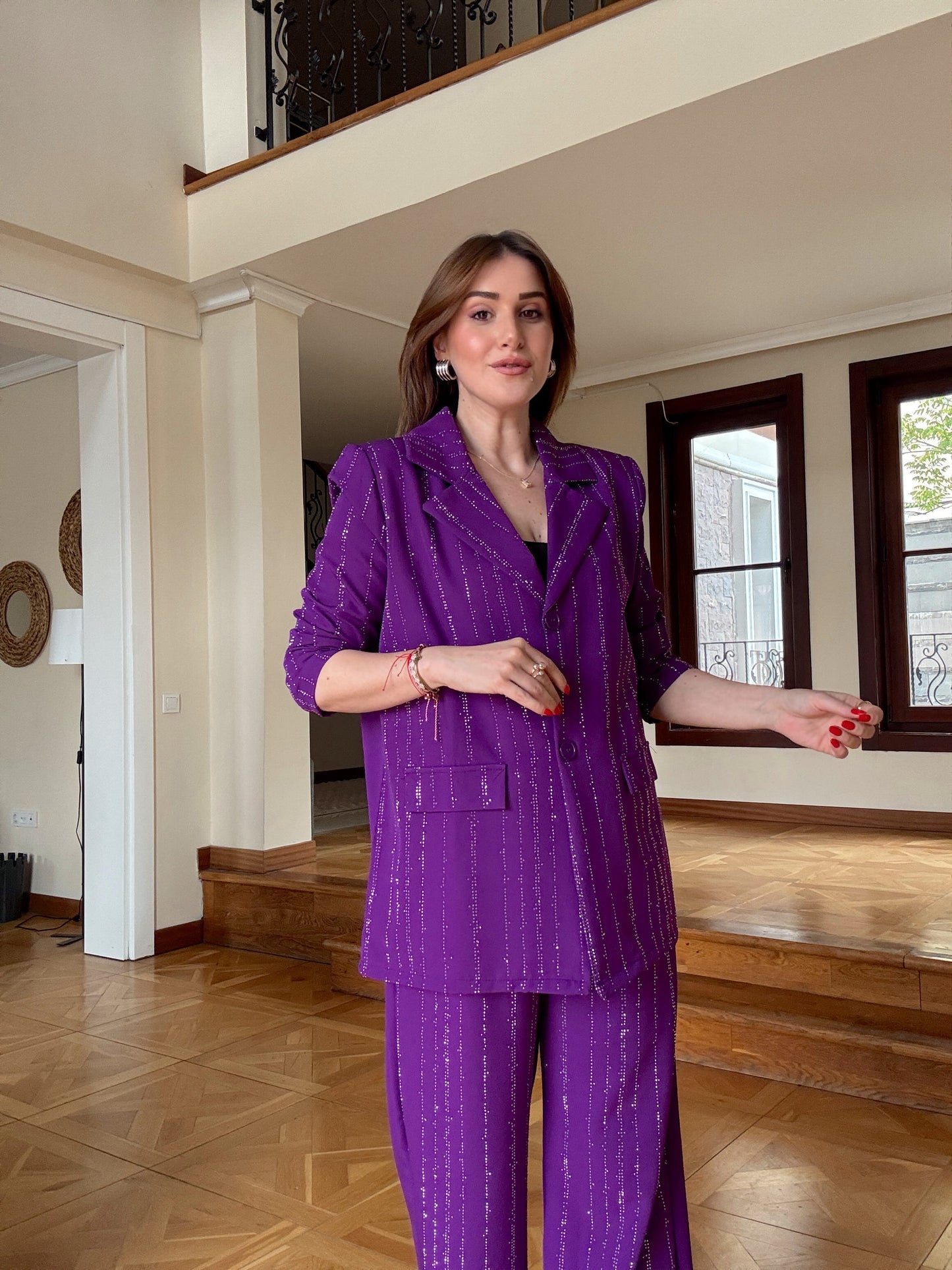 Taş detaylı Ceketli Takım Mor