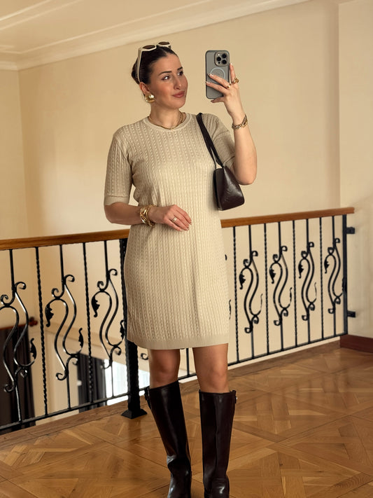 Örgü Desen Kısa Kollu Elbise-BEJ