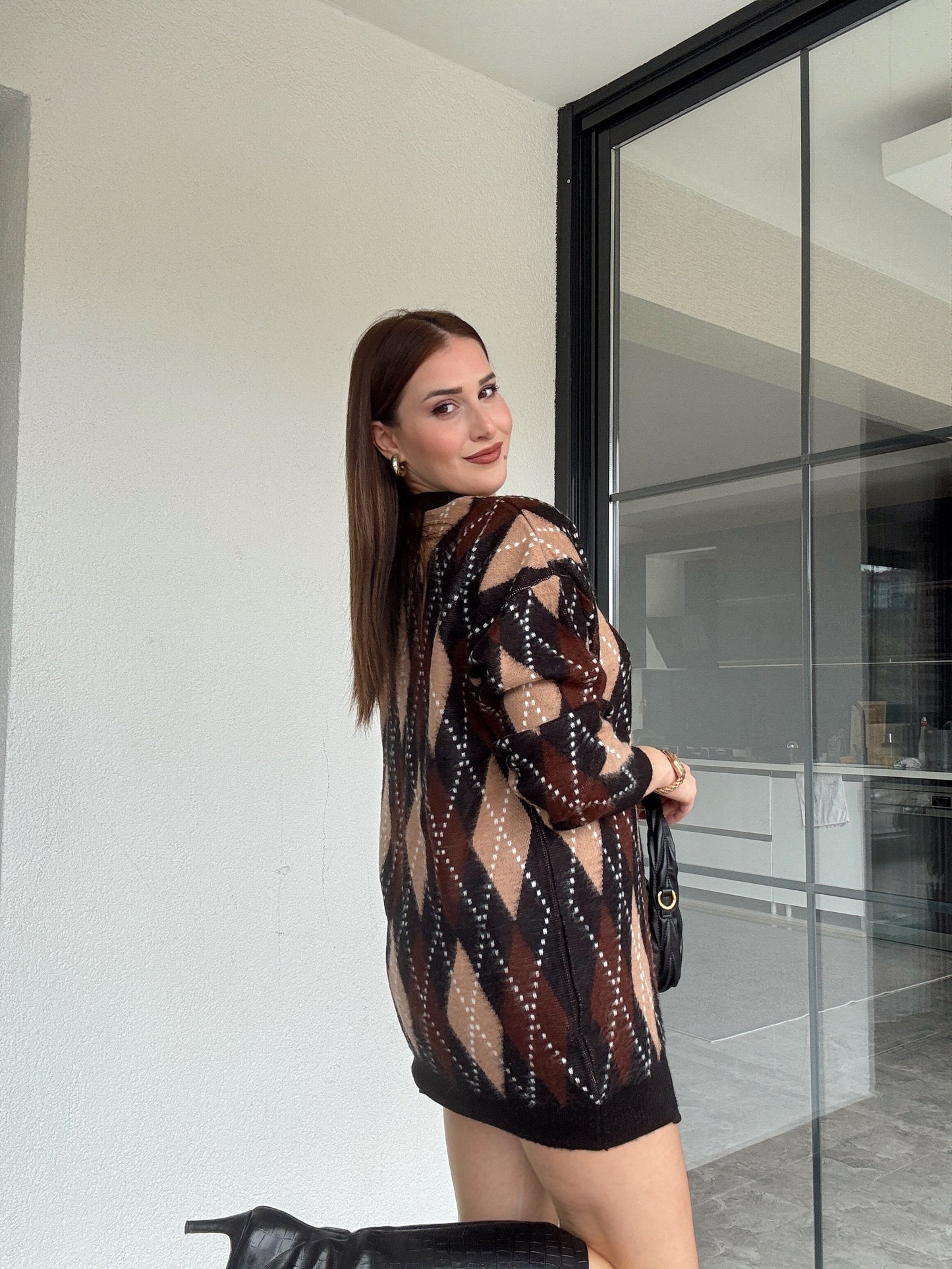 Tunik boy oversize baklava desenli kazak-SİYAH