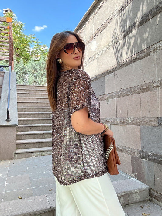 Premium pullu kumaş bluz Kahve