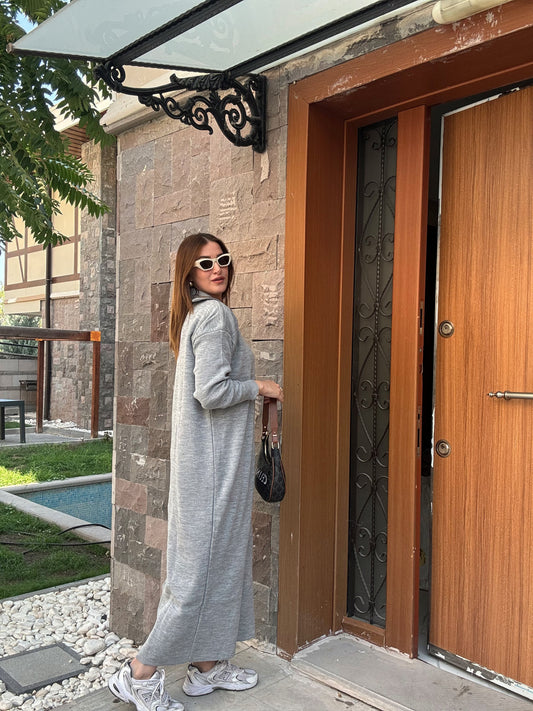 Fermuarlı Triko Elbise - GRİ