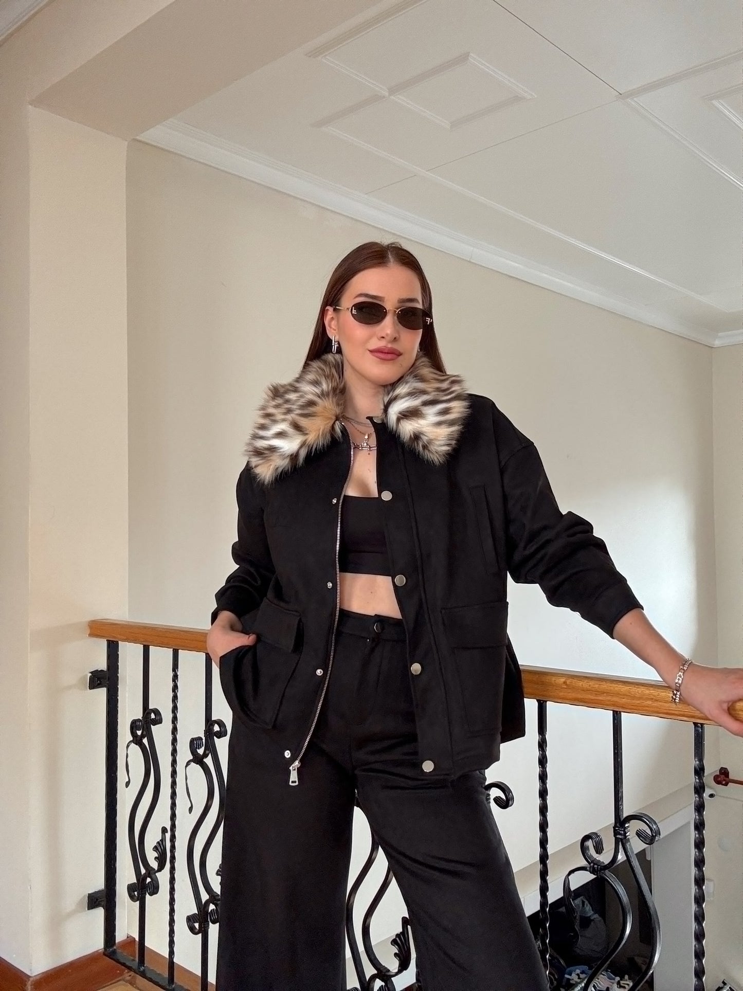 LEOPAR yaka süet ikili takım SİYAH