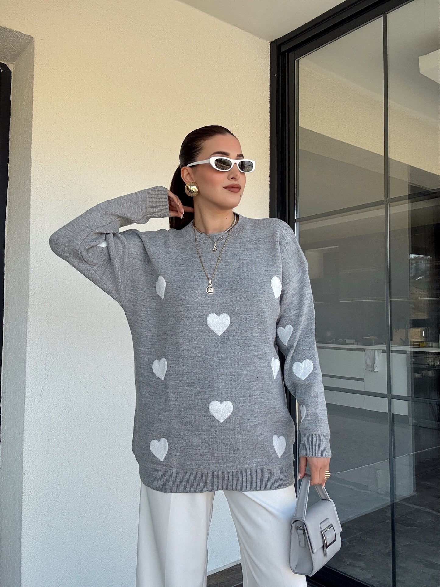 Kalp İşleme Triko Kazak - GRİ