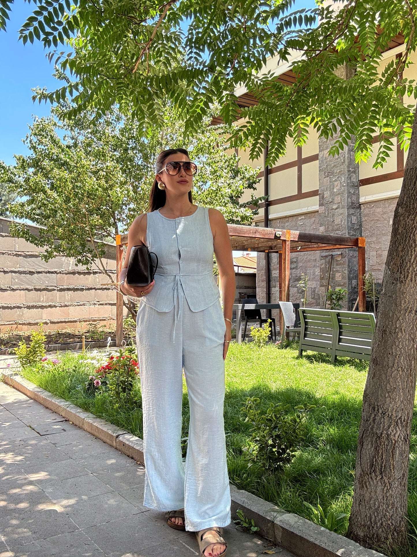 Yelekli bağlama detay keten takım Mavi