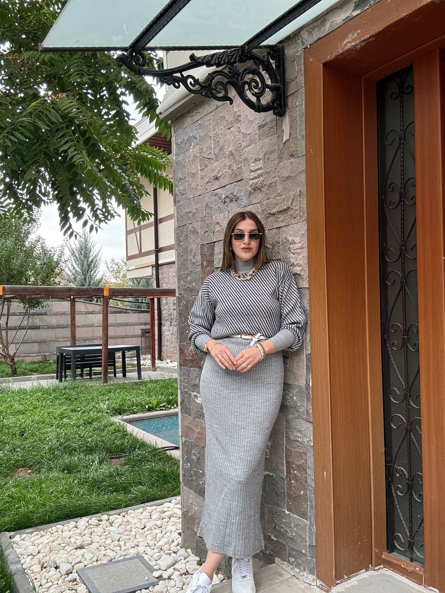 Yatay Çizgili Pikeli Jileli Takım - GRİ