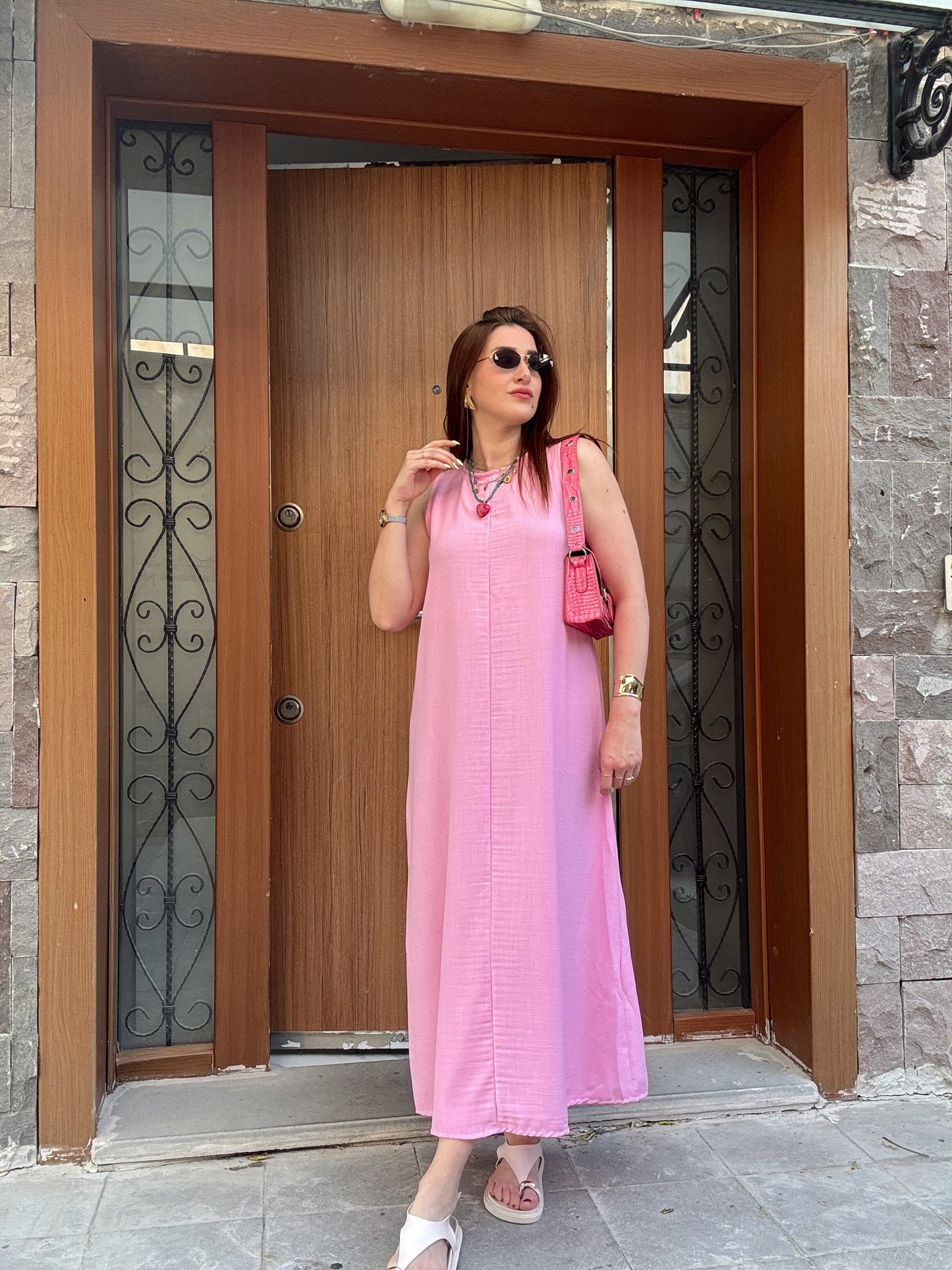 Bisiklet Yaka Düğmeli Keten Elbise Pembe