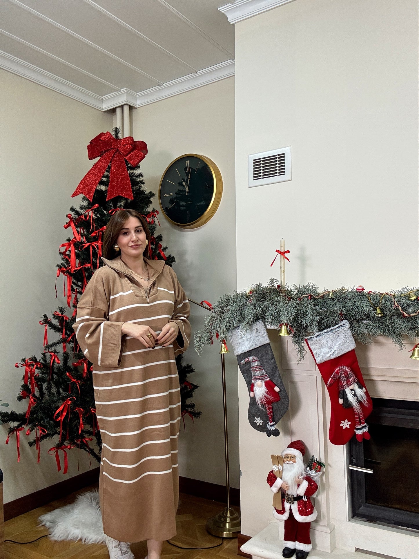 Fermuarlı çizgili triko elbise-CAMEL