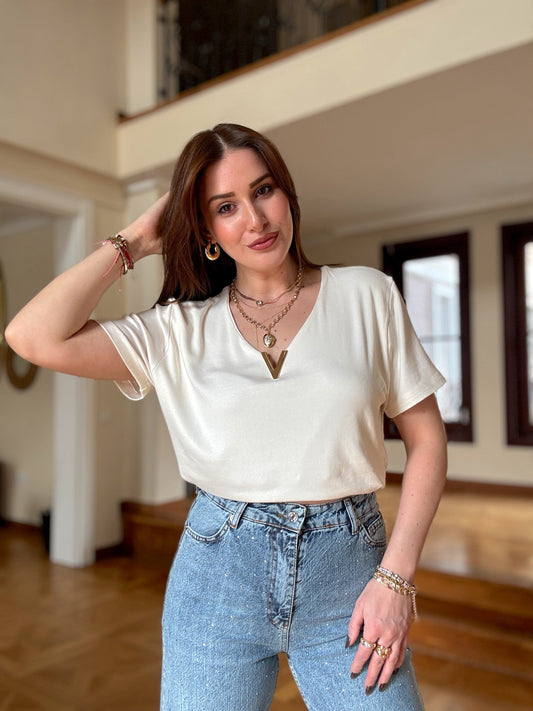 Modal Aksesuarlı Bluz Ekru