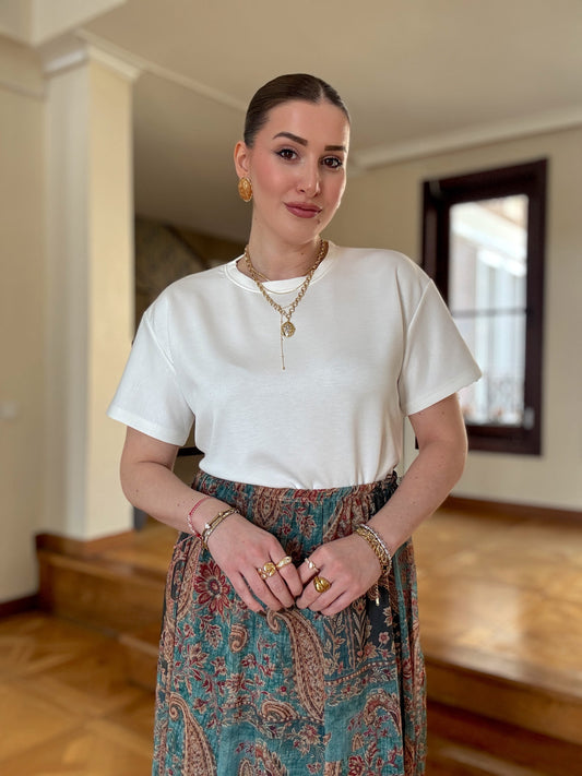 Oversize Modal Yırtmaçlı Tişört Ekru