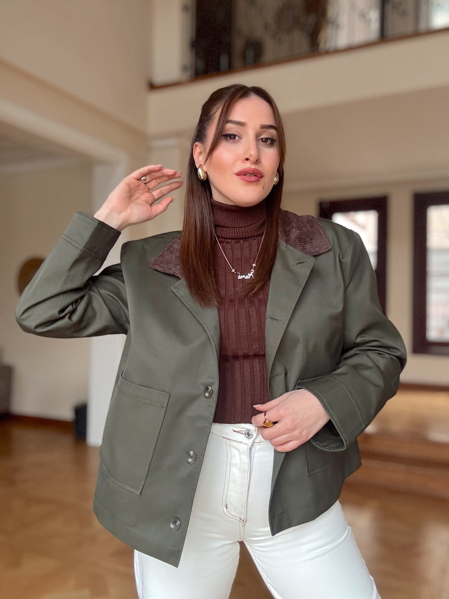 Garnili kısa trench Yeşil