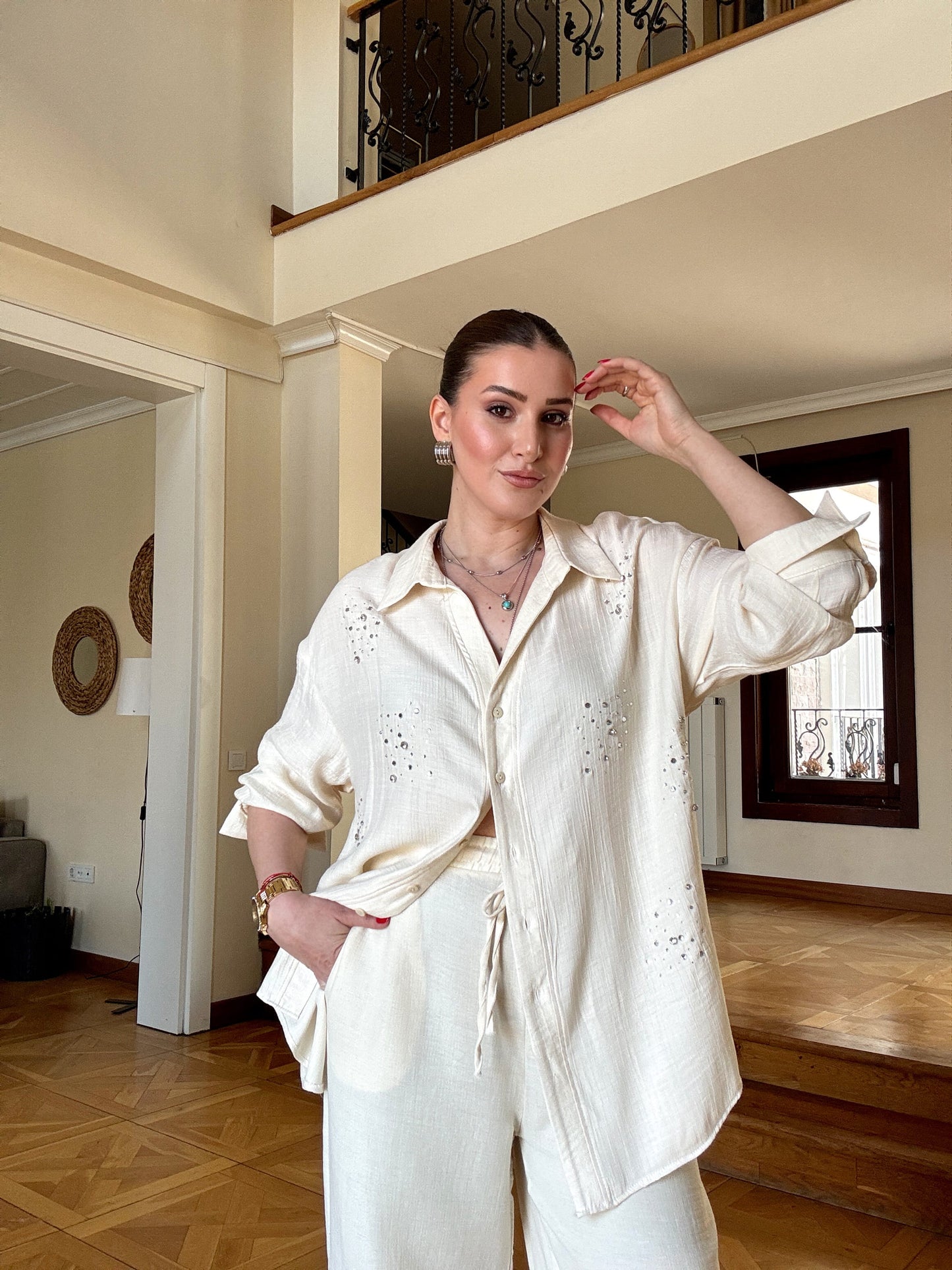 Keten kumaş taşlı oversize gömlek BEJ