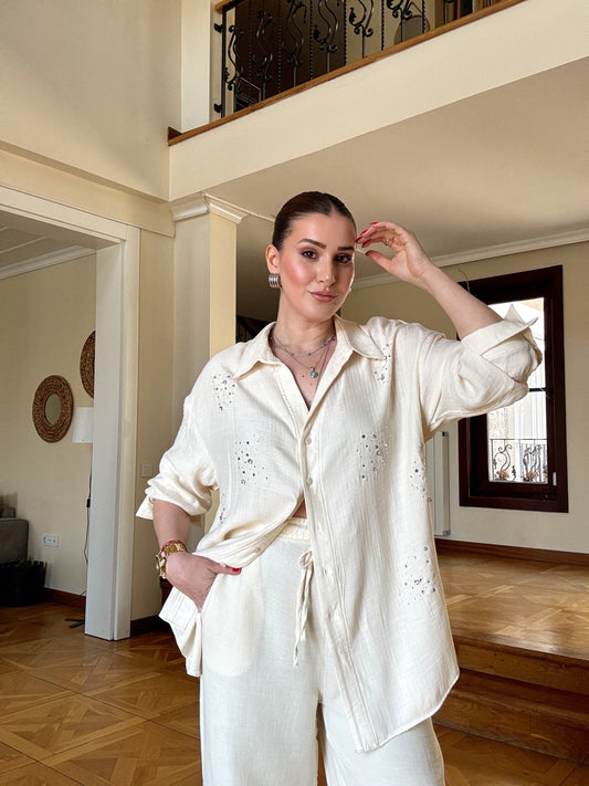 Keten kumaş taşlı oversize gömlek BEJ