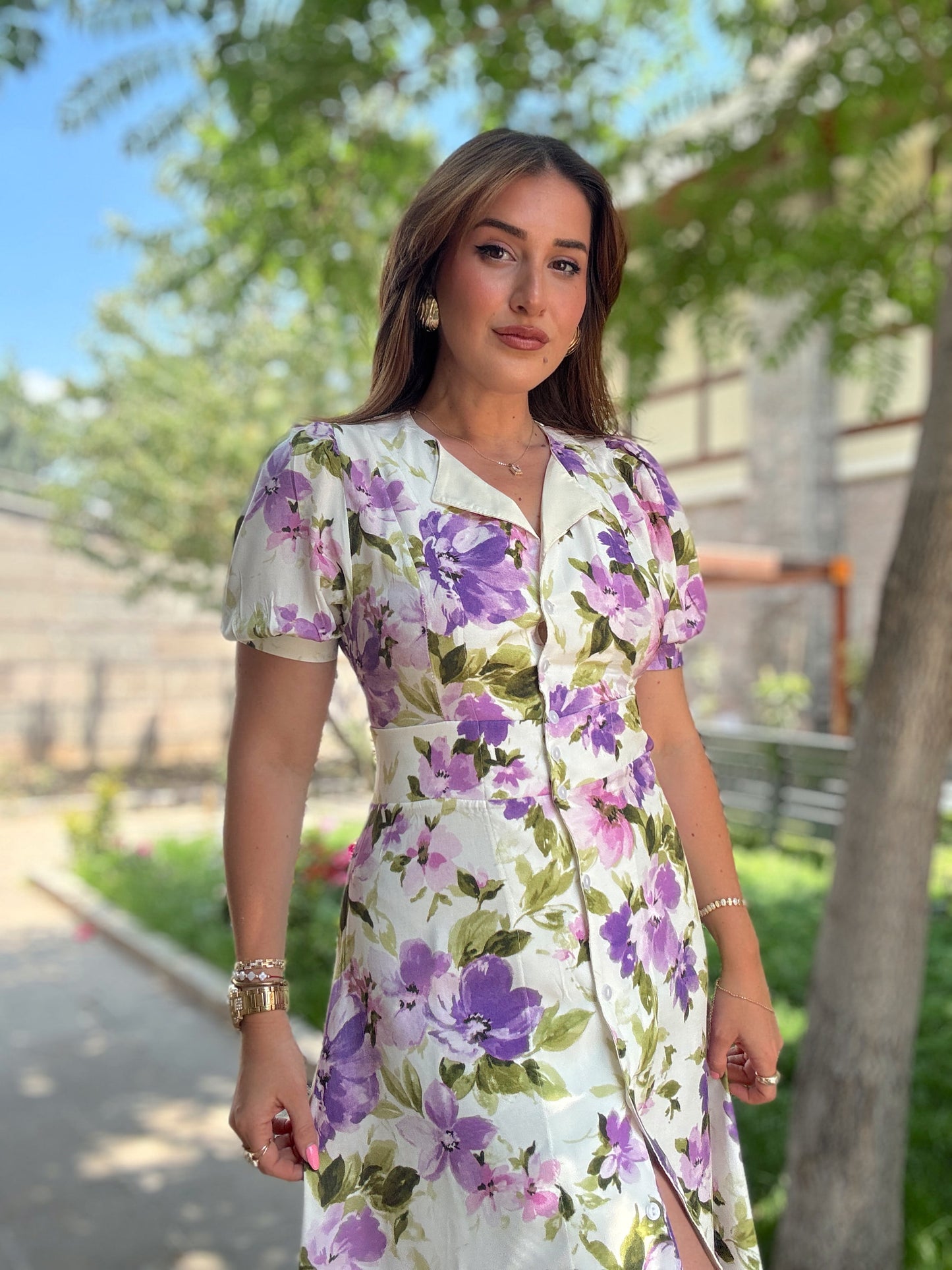 Çiçek desenli elbise Mor