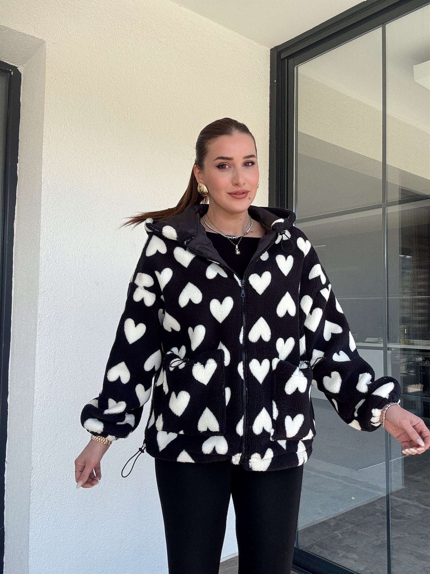 Kalpli Peluş Mont SİYAH