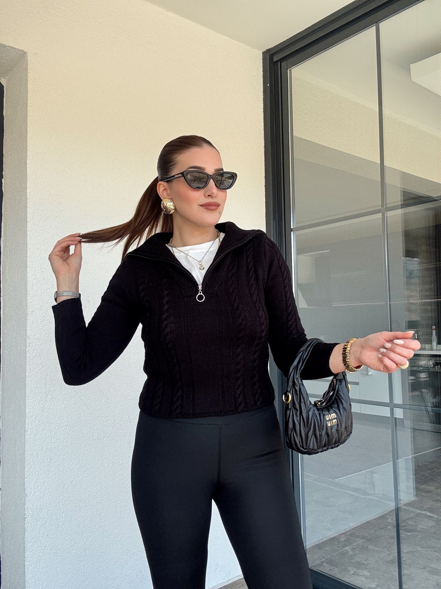 Saç Örgü Fermuarlı Spor Bluz - Siyah