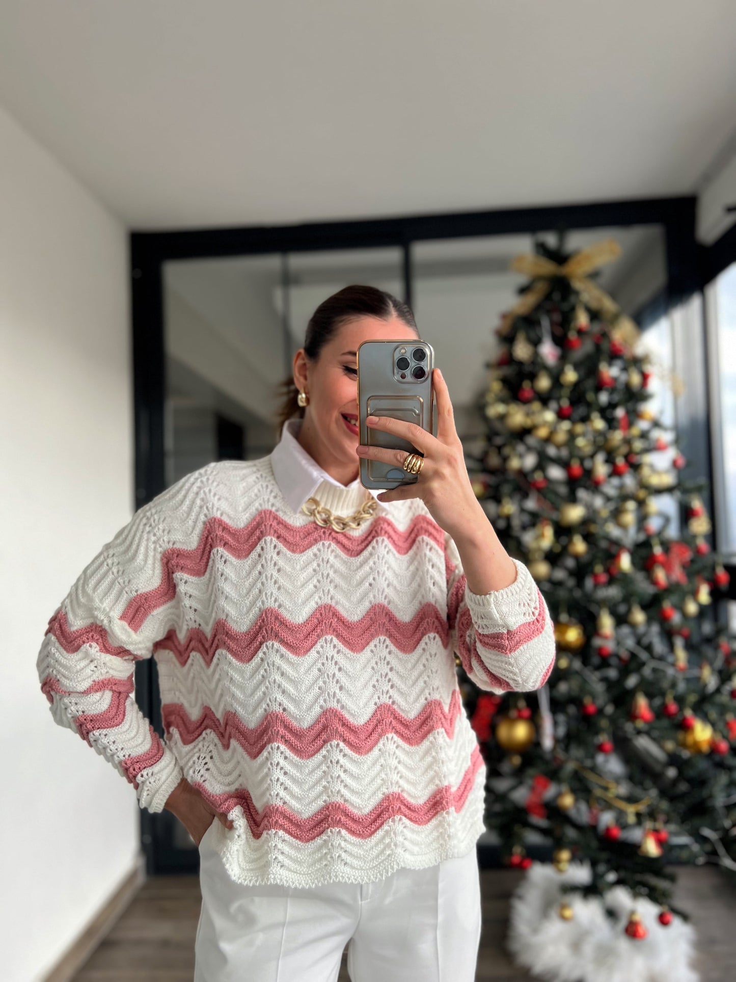 Desenli İki Renkli Triko Kazak - EKRU PUDRA