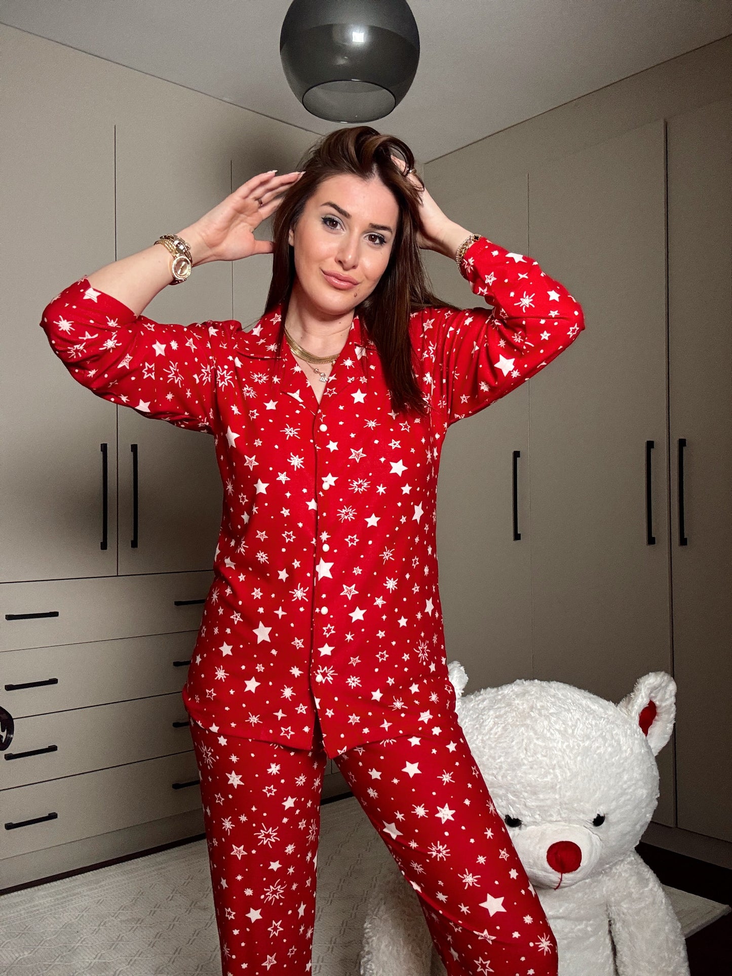 Polar yıldız desenli pijama takımı-KIRMIZI