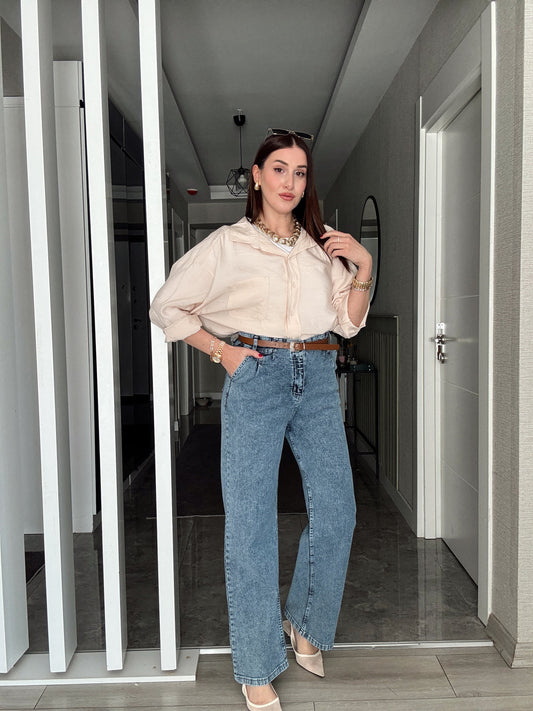 Kemerli Kot Pantolon - MAVİ