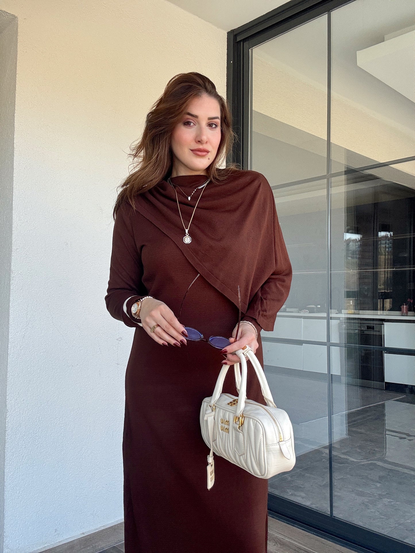 Çizgili pelerinli elbise-KAHVERENGİ