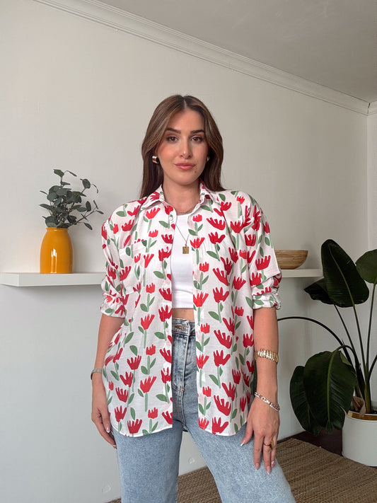 ZR MODEL cepli lale desenli gömlek BEYAZ