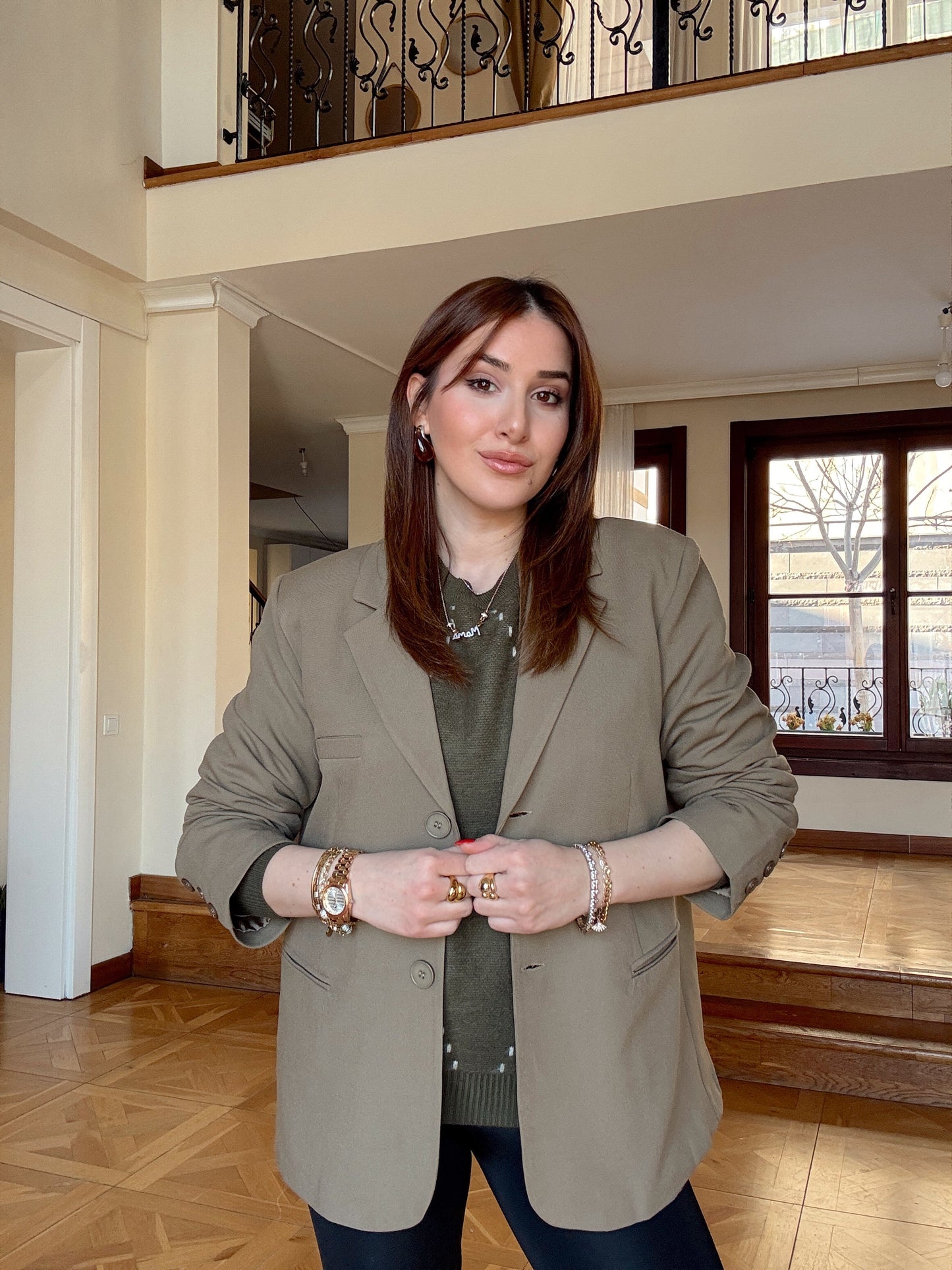 Çift düğme astarlı oversize blazer ceket-HAKİ