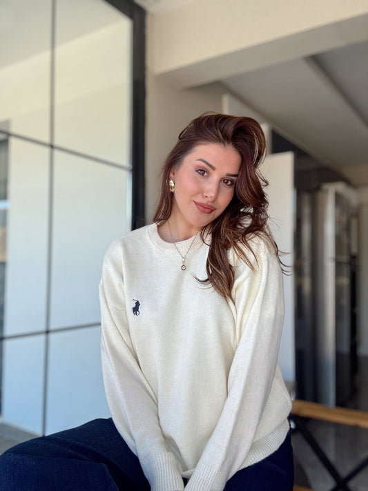 Nakışlı Oversize Triko Kazak Ekru